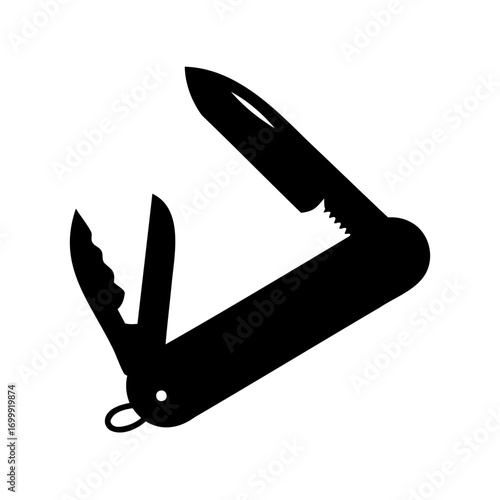 Black silhouette graphic of a Swiss Army knife with tools exposed