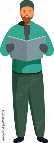 Full length illustration of a smiling bearded man wearing winter clothes reading instructions manual