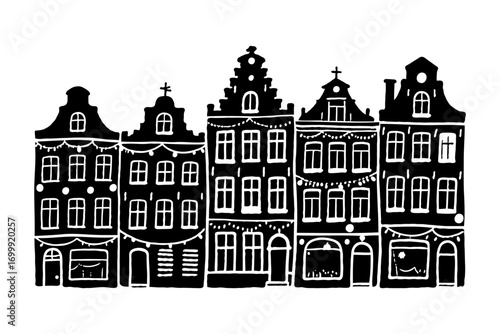 Hand-drawn old European houses decorated with string lights, black and white graphic style, on white background, concept of festive architecture