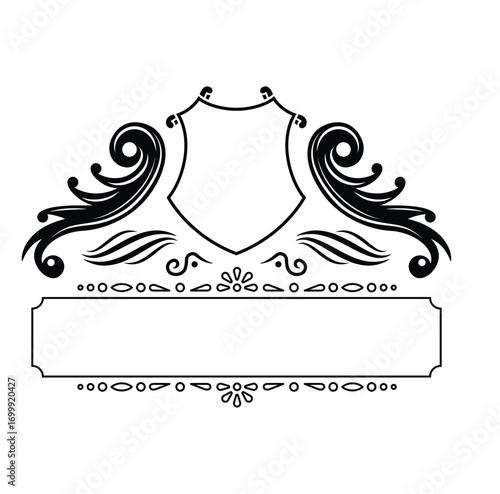 Decorative frame with floral ornament vector illustration. A decorative heraldic shield crest with floral ornaments and a rectangular banner in black and white. 