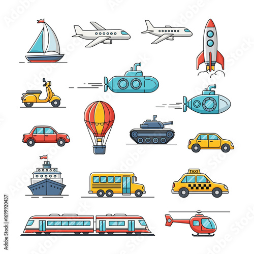 A comprehensive collection of diverse pixel art transportation vehicles for your creative projects