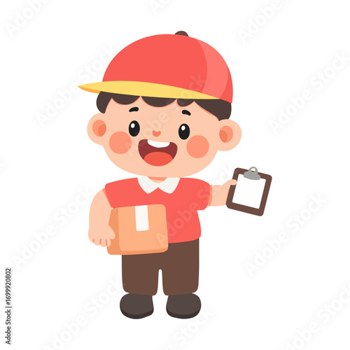 Cartoon Delivery Boy Holding Package and Clipboard
