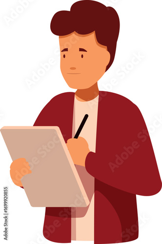 Young man using tablet and stylus, actively taking notes, engaged in learning or creative process