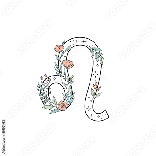 Enchanting floral leo zodiac symbol illustration with delicate flowers and leaves