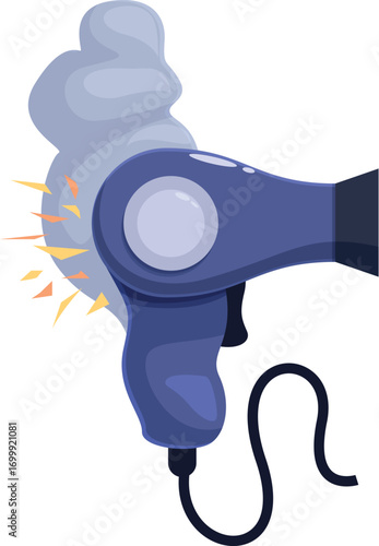 Hair dryer blowing hot air, creating a stylized effect with smoke and sparks