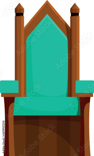 Wooden throne with teal upholstery representing royalty, power, and authority, isolated on white