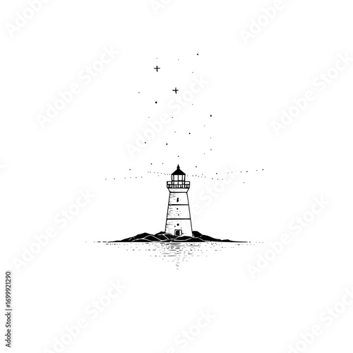 Lighthouse illustration black and white nautical seascape beacon tower ocean sea stars graphic design art drawing