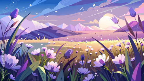Peaceful grassland panorama adorned with soft purple and snowy white wildflowers. Close-up petals sway gently, glowing in sunlight, a perfect harmony of tranquility, freshness, and the quiet song of n