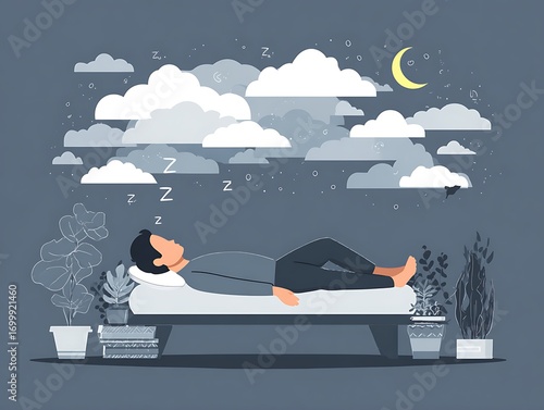 Peaceful man deep in slumber, dreaming amidst fluffy clouds under a crescent moon, illustrating a serene night's rest and ultimate relaxation