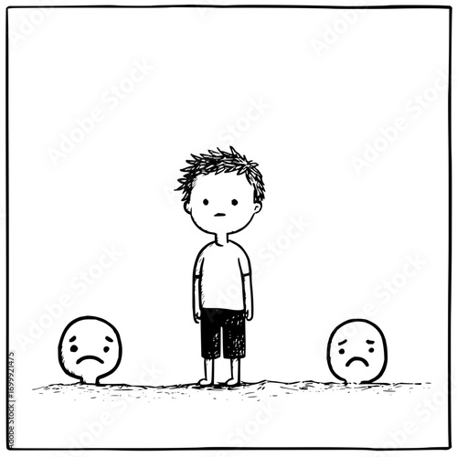 Boy sad emotion character drawing illustration cartoon monochrome expression loneliness unhappy feeling artwork 100