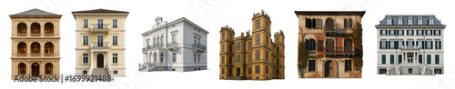 European architecture building set including classical, renaissance, baroque, and residential facades isolated. Historical urban design elements.