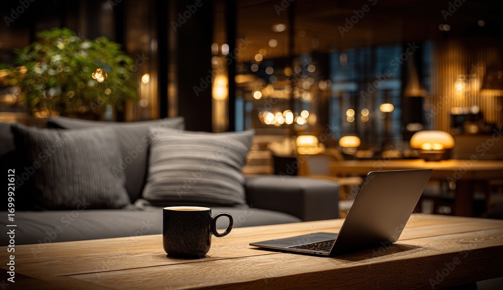 custom made wallpaper toronto digitalCozy office space featuring a laptop, coffee, and sofa with plants in the background