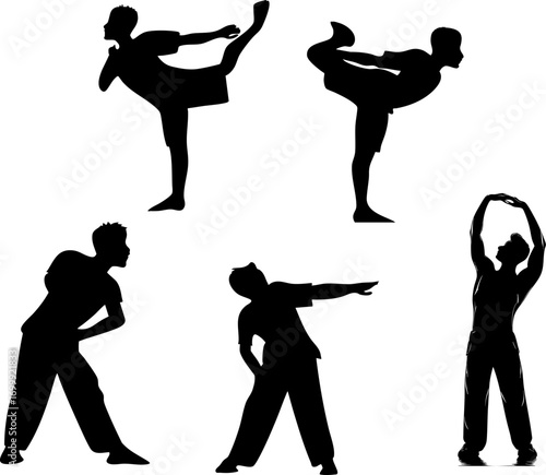 Black silhouette martial arts kickboxing karate fighting poses workout exercise training
