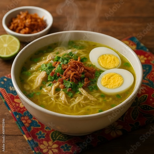 Delicious Indonesian Soto Ayam Chicken Noodle Soup with Egg and Garnishes

