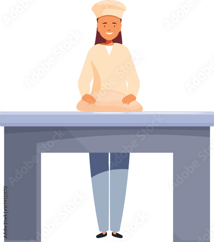 Professional baker kneading dough on a metal table, preparing bread or pastry in a commercial bakery kitchen