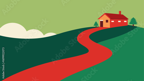 House on hill with winding red path trees