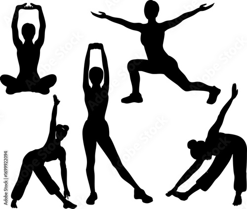 Black silhouette figures showing various yoga poses stretching exercises and workout positions for fitness training