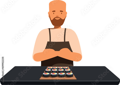 Proud sushi chef standing with crossed arms behind a table displaying freshly prepared sushi rolls, showcasing culinary expertise and japanese cuisine