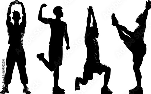Black silhouette people celebrating victory jumping fitness workout success achievement