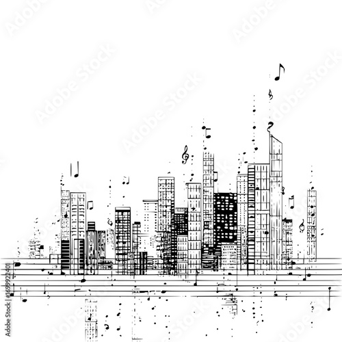 Cityscape silhouette composed of musical notes and staff lines on a white background illustration