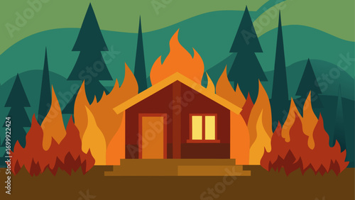 House engulfed in flames in the forest