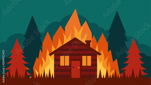 House on fire surrounded by forest trees