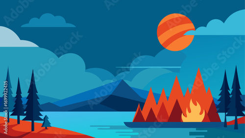 Landscape with mountains and a blazing fire
