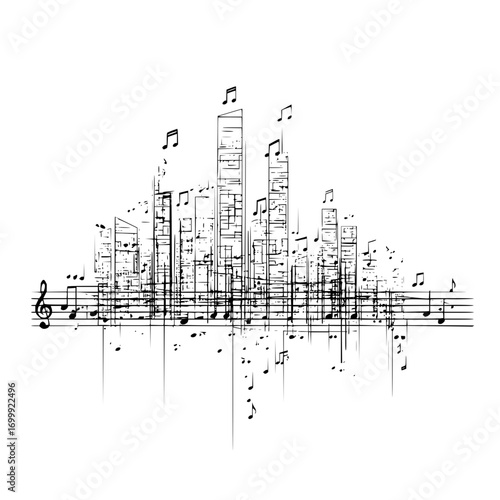 Illustration of a city skyline made of musical notes and staff lines in black and white color scheme
