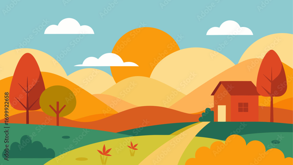 Fototapeta premium Cartoon landscape with house and autumn trees