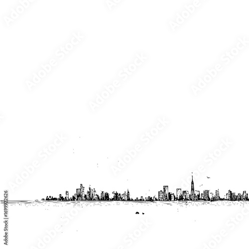 A monochrome skyline illustration featuring various buildings and structures along the horizon line view art