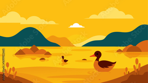 Ducks swimming in a golden landscape view