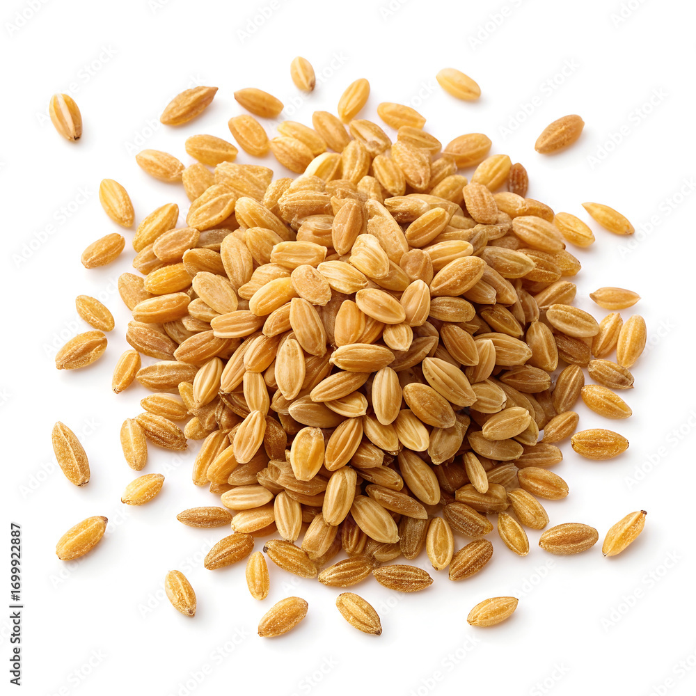 Obraz premium Freekeh grains isolated on white background, showcasing their roasted, cracked texture and rich flavor