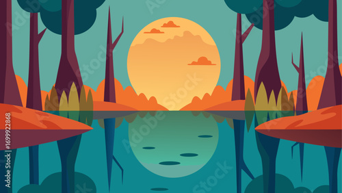 Cartoon forest landscape with water view
