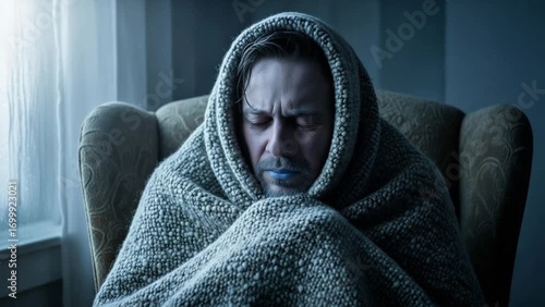 Man wrapped in blanket shivering with blue lips feeling extremely cold
