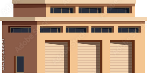 Beige storage building with loading docks and office space, featuring multiple windows and large garage doors