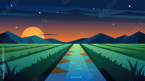 A breathtaking nature illustration of a fiery sunset over a tranquil river and a serene mountain lake, with green hills and lush meadows under a cloudless blue sky