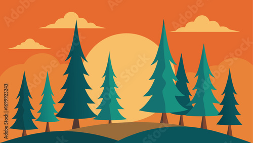 A beautiful Christmas landscape illustration of a snow-covered forest with green fir trees and falling snowflakes under a cold winter sky