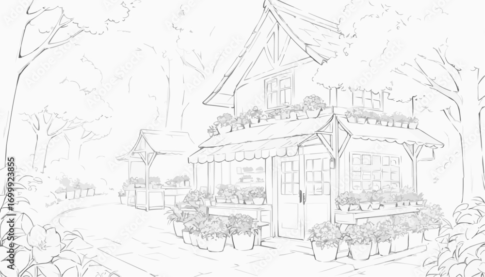 Obraz premium Charming flower shop illustration in a serene garden setting with abundant flower pots