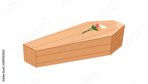 Coffin, wooden casket with memorial flowers. Funeral burial mourning box from wood planks. Funereal case, container for dead bury ritual. Flat vector illustration isolated on white background