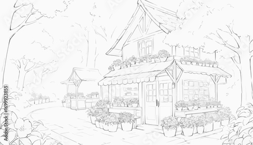 Charming flower shop illustration in a serene garden setting with abundant flower pots