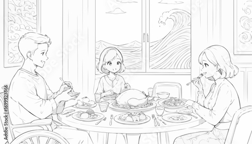 Family enjoying a meal together at the dining table with a scenic wave backdrop
