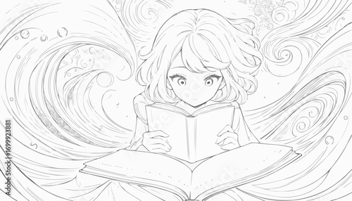 Coloring page of an abstract scene with a girl reading a book and swirling patterns