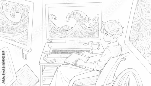 Coloring page of a person sitting at a desk with a computer and waves on the screen
