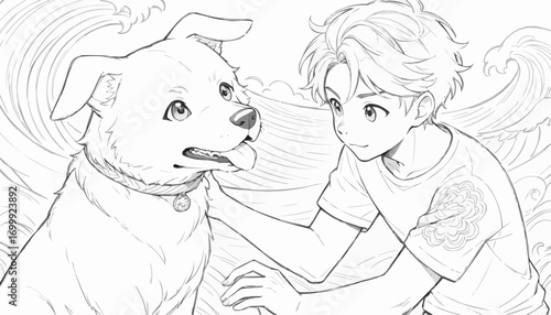 Boy interacting joyfully with a dog against a wave background in a playful setting