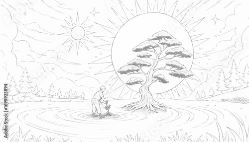 Coloring page of a man planting a tree by a sunlit lake