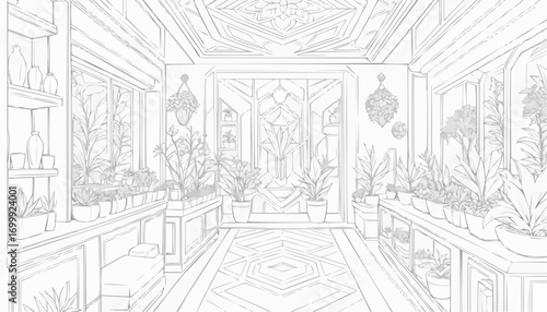 Flower shop coloring page with intricate designs and floral patterns