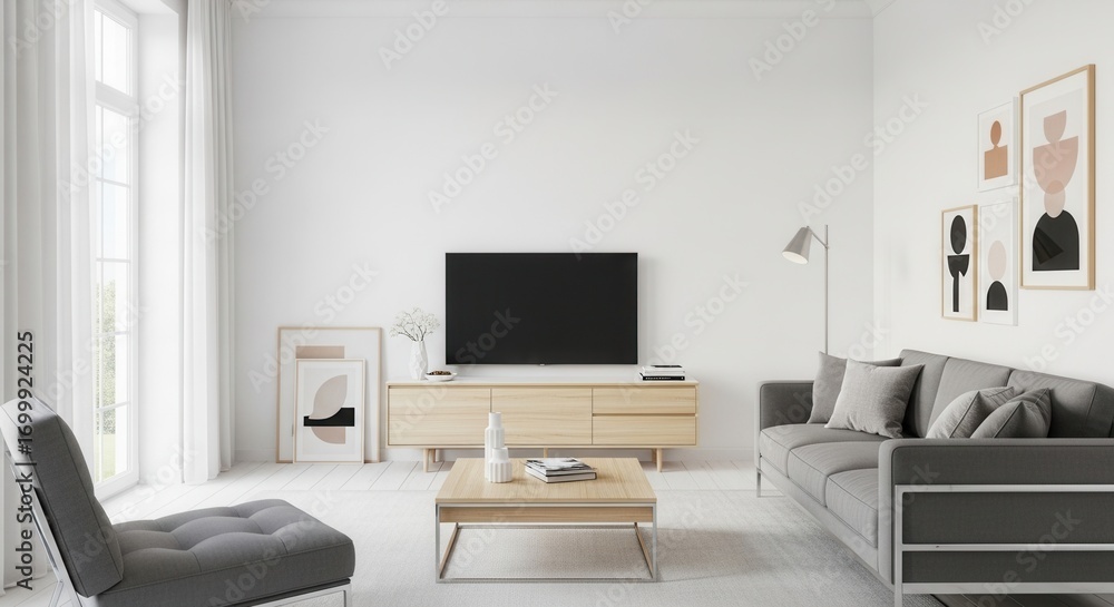 A bright minimalist living room with a grey sofa light wood TV stand a flat-screen TV and abstract framed art A bright minimalist living room with a grey sofa light wood TV stand a flat-screen TV and abstract framed art