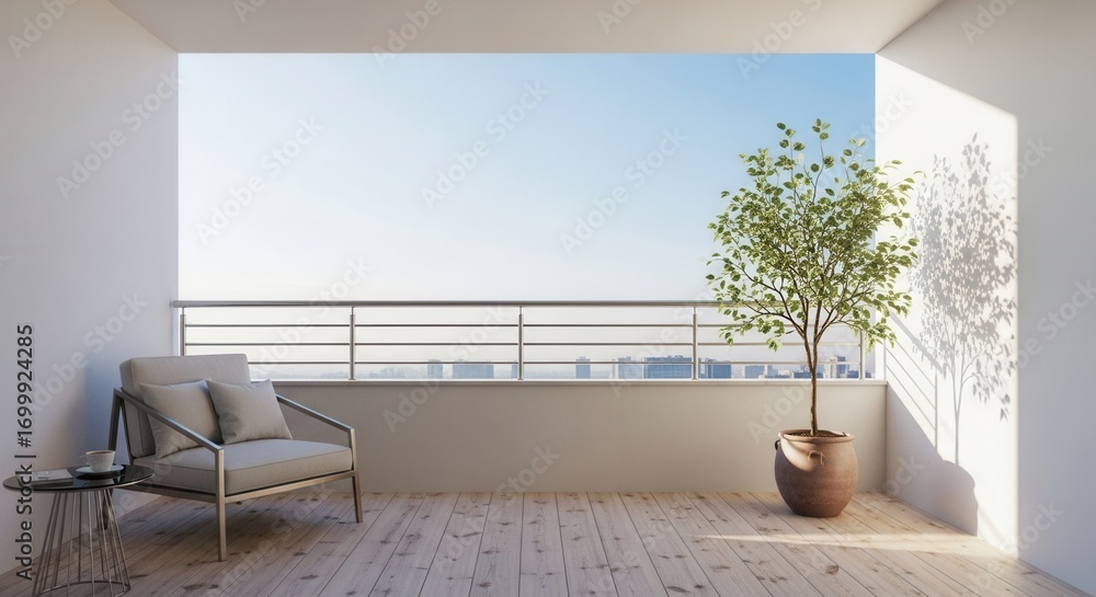 Fototapeta premium A bright modern balcony with a potted tree an armchair and a side table overlooking a city skyline under a clear sky with sharp shadows