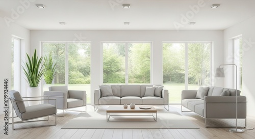 A bright modern living room with light grey sofas armchairs and a coffee table on a rug set against large windows revealing a vibrant green outdoor landscape