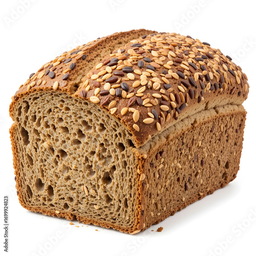 Multigrain bread loaf isolated on white background, showcasing its hearty texture, nutritious seeds, and wholesome